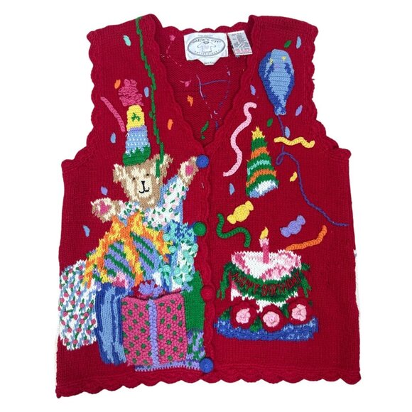 Vtg 90's Eagle Eye Collectibles Women's S/P Birthday Sweater Vest Bear Balloons - Picture 1 of 10